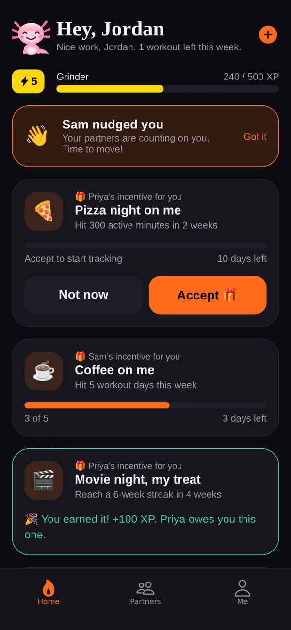 Home: streak, week, rings, and trend